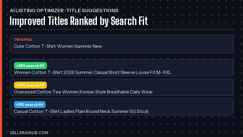 Shopee Product AI Optimiser title suggestion panel with search-fit scores